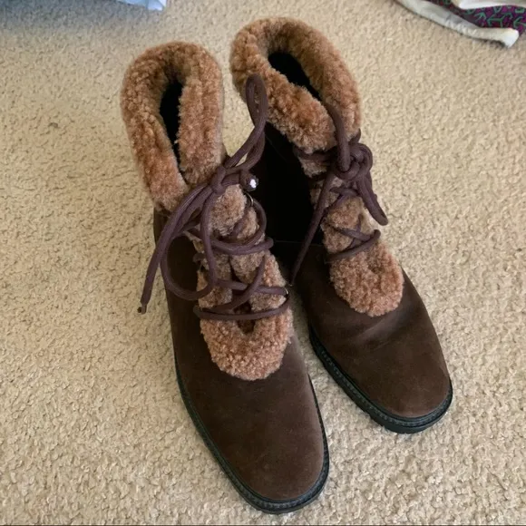 Stuart Weitzman Mid Calf Suede Leather Boots Brown with Faux Fur Trim | Size 6