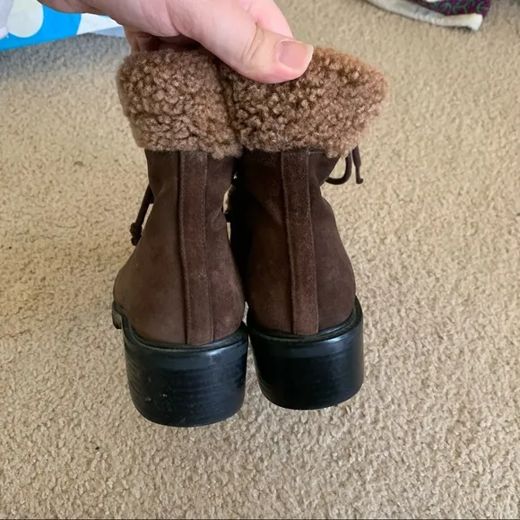 Stuart Weitzman Mid Calf Suede Leather Boots Brown with Faux Fur Trim | Size 6