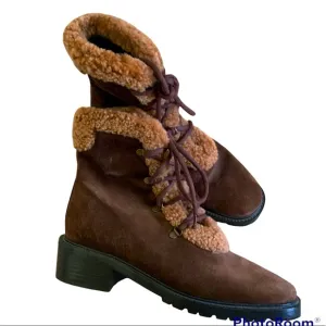 Stuart Weitzman Mid Calf Suede Leather Boots Brown with Faux Fur Trim | Size 6
