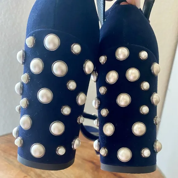 Stuart Weitzman Morepearls Heel in blue suede