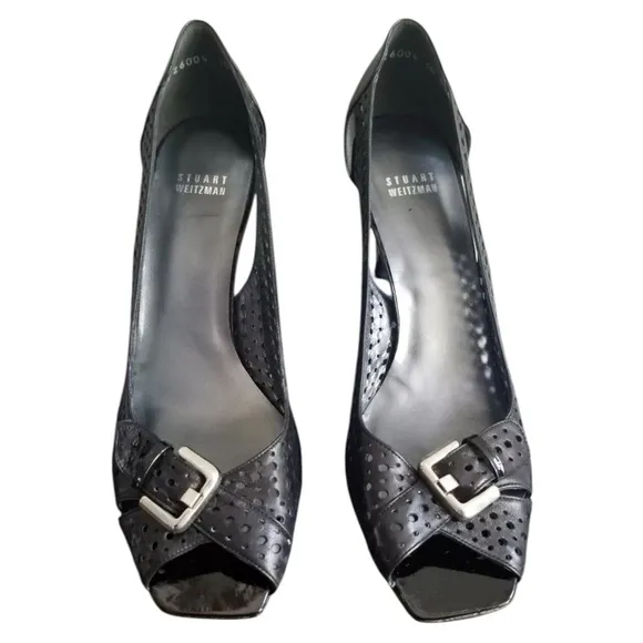 Stuart Weitzman ✘ Pimlico Black Nappa Heels Perforated Open Toe Sandals Shoes