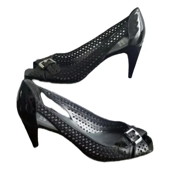 Stuart Weitzman ✘ Pimlico Black Nappa Heels Perforated Open Toe Sandals Shoes
