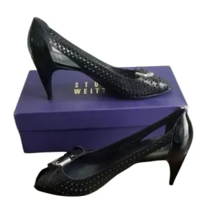 Stuart Weitzman ✘ Pimlico Black Nappa Heels Perforated Open Toe Sandals Shoes