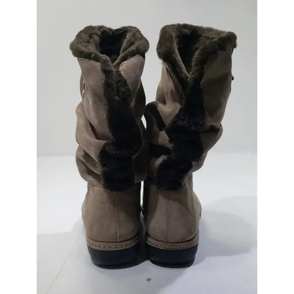 Stuart Weitzman Suede Leather Mid-Calf Boots Brown Slouchy Faux Fur Taupe 7M