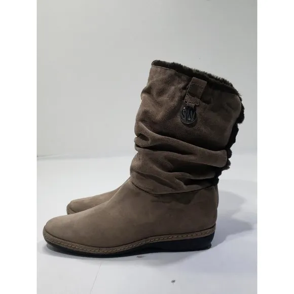 Stuart Weitzman Suede Leather Mid-Calf Boots Brown Slouchy Faux Fur Taupe 7M