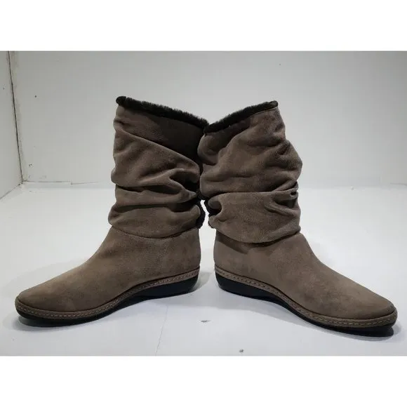 Stuart Weitzman Suede Leather Mid-Calf Boots Brown Slouchy Faux Fur Taupe 7M