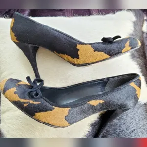 Stuart Weitzman Vintage Animal Print Calf Hair Black and Tan Women's Heels Sz 7