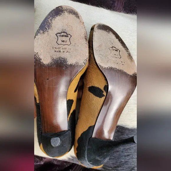 Stuart Weitzman Vintage Animal Print Calf Hair Black and Tan Women's Heels Sz 7