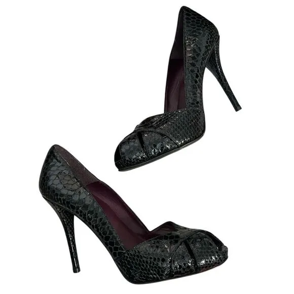 Stuart Weitzman Shoes 8.5 Black Reptile Snake Pumps Heels Peep Toe 8 1/2