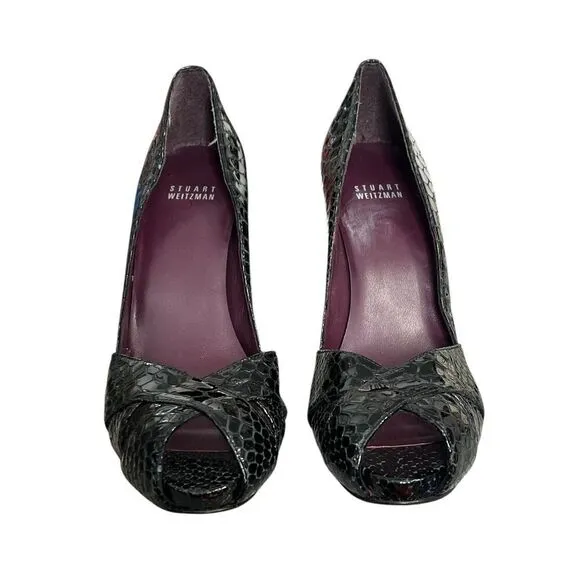 Stuart Weitzman Shoes 8.5 Black Reptile Snake Pumps Heels Peep Toe 8 1/2