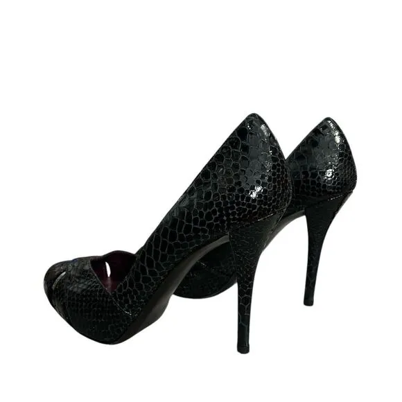 Stuart Weitzman Shoes 8.5 Black Reptile Snake Pumps Heels Peep Toe 8 1/2
