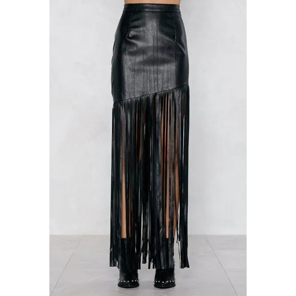 💋STUNNING💋 High Waist Asymmetrical Maxi Fringe Leather Skirt in Black
