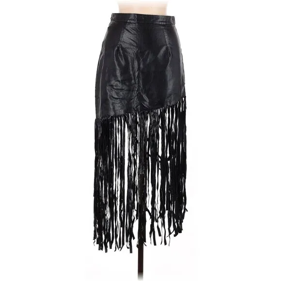 💋STUNNING💋 High Waist Asymmetrical Maxi Fringe Leather Skirt in Black