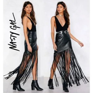 💋STUNNING💋 High Waist Asymmetrical Maxi Fringe Leather Skirt in Black