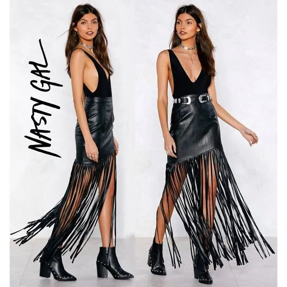 💋STUNNING💋 High Waist Asymmetrical Maxi Fringe Leather Skirt in Black