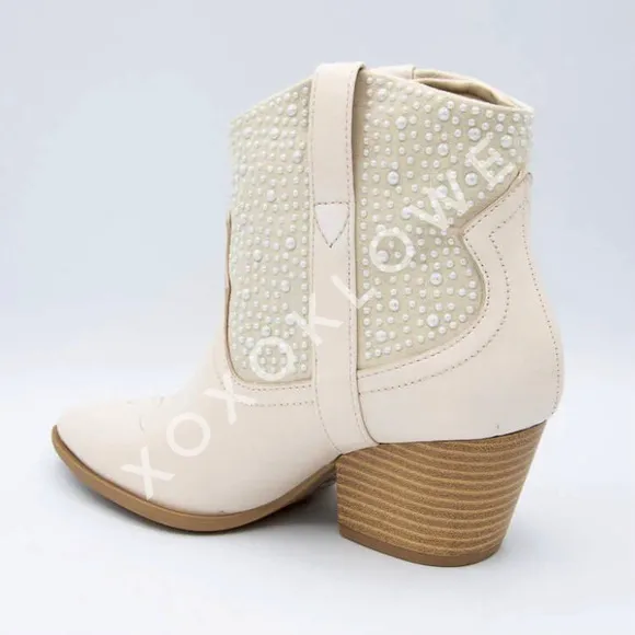 SZ 8.5 &amp; 10 Ivory Faux Pearl Embellished Western Cowboy Boots