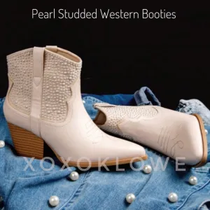 SZ 8.5 &amp; 10 Ivory Faux Pearl Embellished Western Cowboy Boots