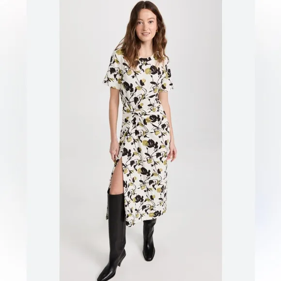 Tanya Taylor Ira Inkblot Floral Long Dress Organic Cotton Stretch  $275 NWT