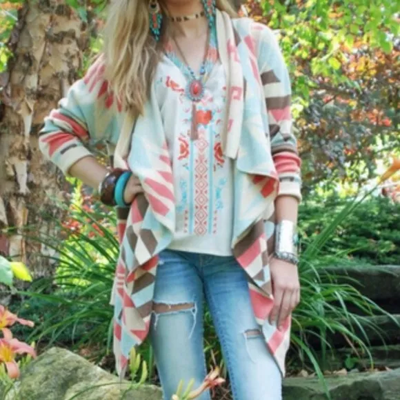 TASHA POLIZZI El Rey Cardigan Southwestern Waterfall Sweater Womens Size Medium