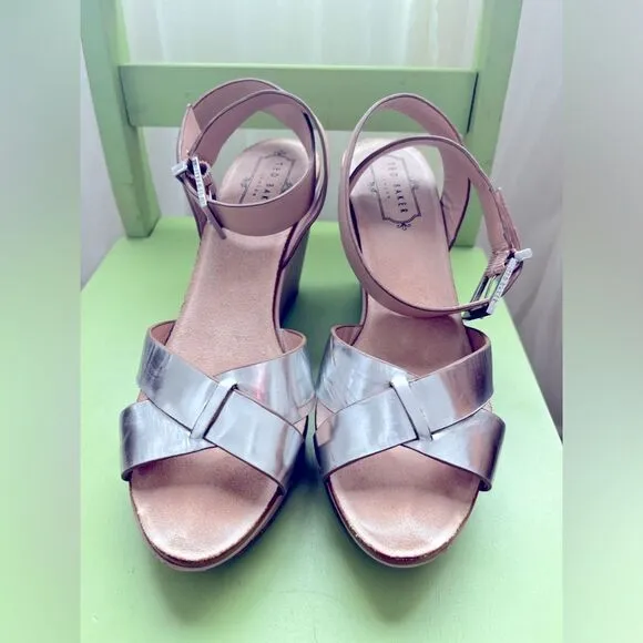 TED BAKER wedge heels; leather &amp; silver; Size 38