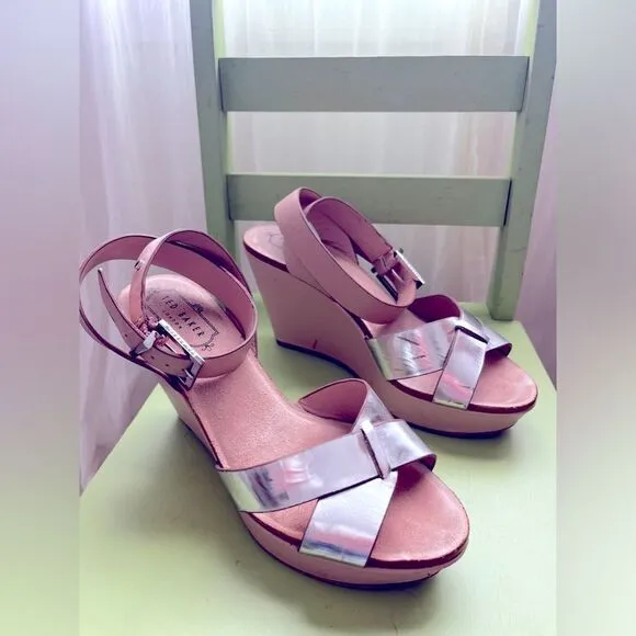 TED BAKER wedge heels; leather &amp; silver; Size 38