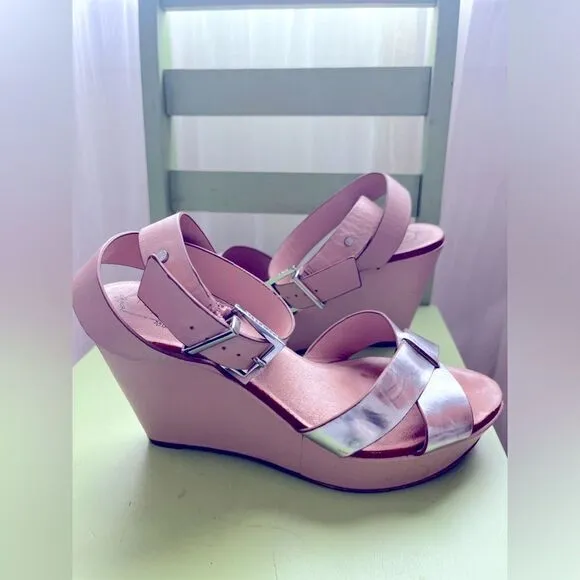 TED BAKER wedge heels; leather &amp; silver; Size 38