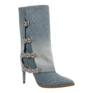 Thalia Sodi Women's Nami Embellished Foldover Cuff Boots Blue Denim Size 8