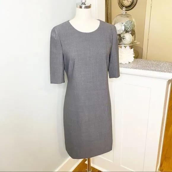 Theory Gray Wool Stretch Sheath Dress Short Sleeve 8 Medium