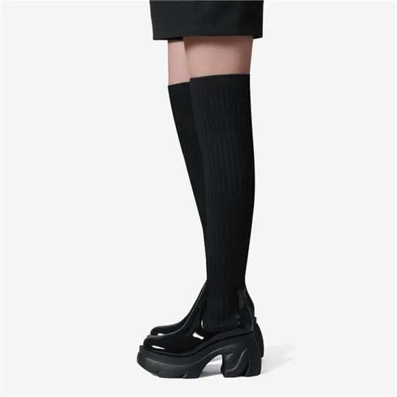 Thigh High Boots Round Toe Mid Chunky Heel Stretch Over the Knee Boots for Women