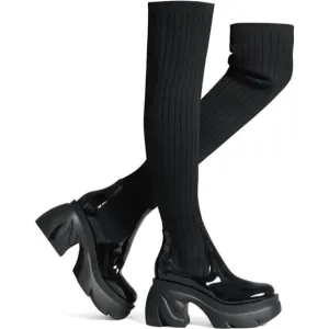Thigh High Boots Round Toe Mid Chunky Heel Stretch Over the Knee Boots for Women
