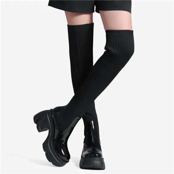 Thigh High Boots Round Toe Mid Chunky Heel Stretch Over the Knee Boots for Women