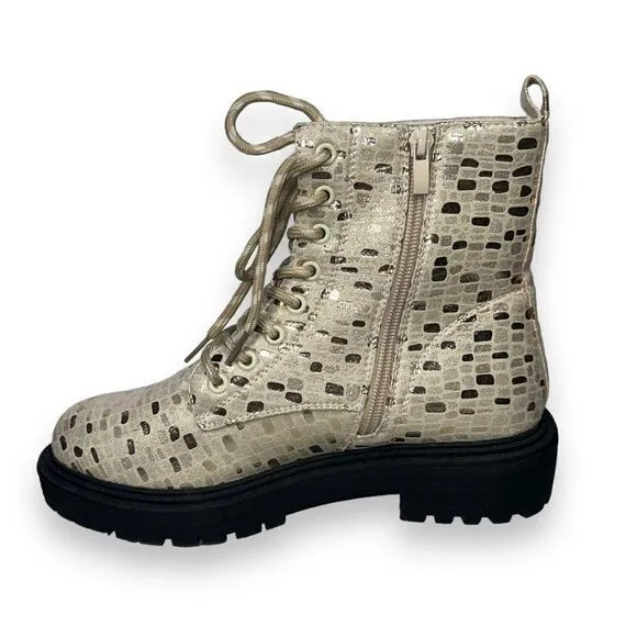 Tildashoes Sexy Sequin Lace-up Chunky Combat Boots Apricot Metallic Women's 8