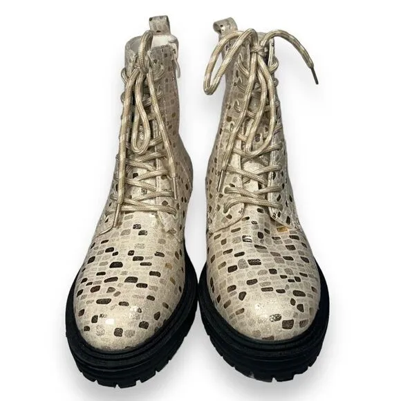 Tildashoes Sexy Sequin Lace-up Chunky Combat Boots Apricot Metallic Women's 8