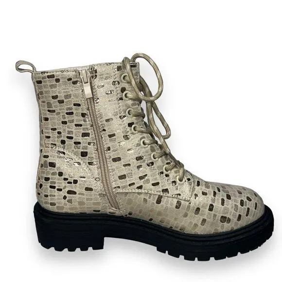 Tildashoes Sexy Sequin Lace-up Chunky Combat Boots Apricot Metallic Women's 8
