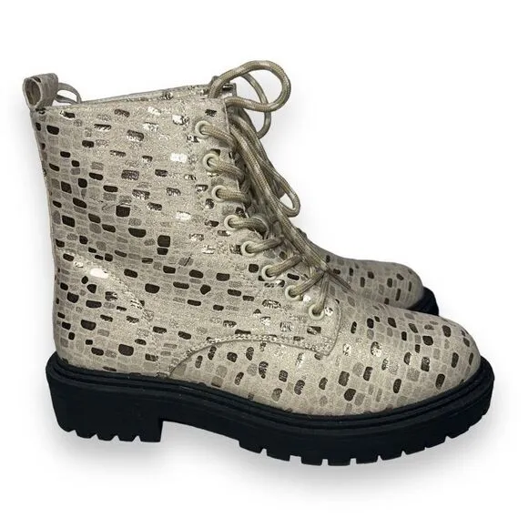 Tildashoes Sexy Sequin Lace-up Chunky Combat Boots Apricot Metallic Women's 8