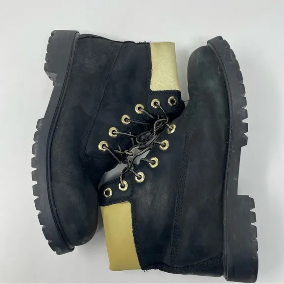 Timberland Hiking Boots Leather Rounded Toe Lace Up Black &amp; Yellow Sz 6