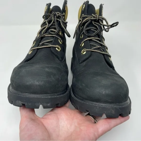 Timberland Hiking Boots Leather Rounded Toe Lace Up Black &amp; Yellow Sz 6