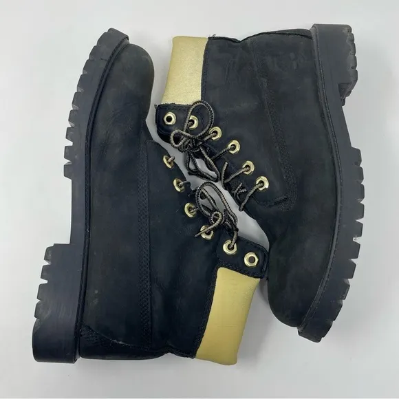 Timberland Hiking Boots Leather Rounded Toe Lace Up Black &amp; Yellow Sz 6