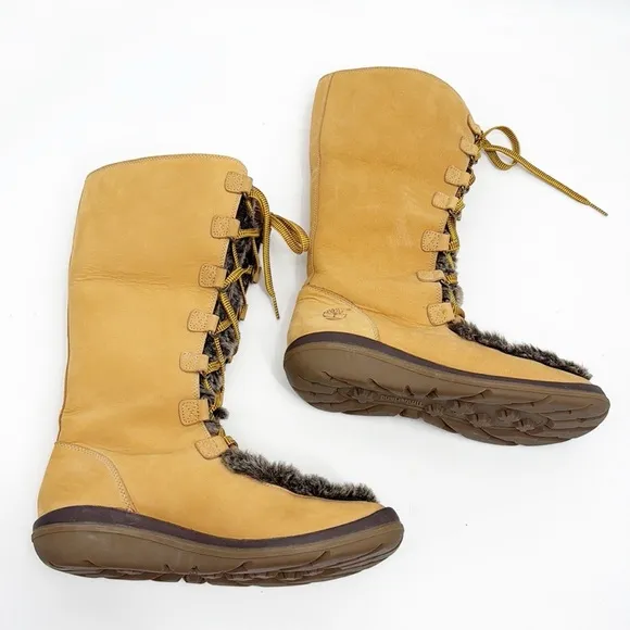 Timberland Kickadilla Mid Calf Wheat Leather Tall Faux Fur lace up Boot size 7.5