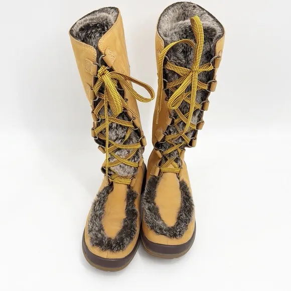 Timberland Kickadilla Mid Calf Wheat Leather Tall Faux Fur lace up Boot size 7.5