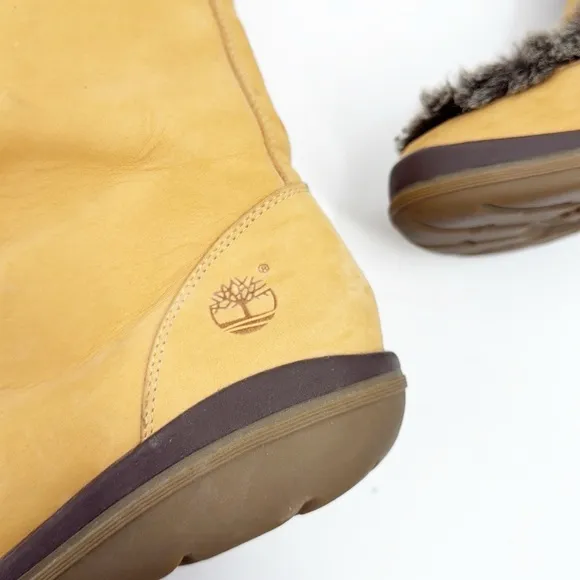 Timberland Kickadilla Mid Calf Wheat Leather Tall Faux Fur lace up Boot size 7.5