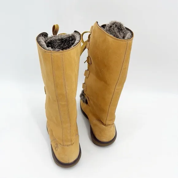 Timberland Kickadilla Mid Calf Wheat Leather Tall Faux Fur lace up Boot size 7.5