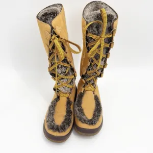 Timberland Kickadilla Mid Calf Wheat Leather Tall Faux Fur lace up Boot size 7.5