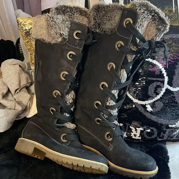 Timberland Mirney black grey fur leather suede lace up knee high boots tims 8.5