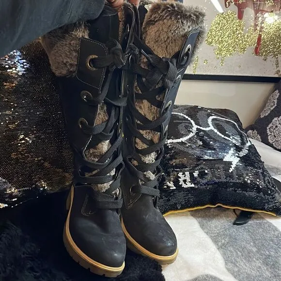Timberland Mirney black grey fur leather suede lace up knee high boots tims 8.5
