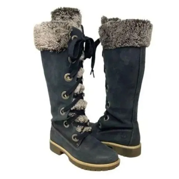 Timberland Mirney black grey fur leather suede lace up knee high boots tims 8.5