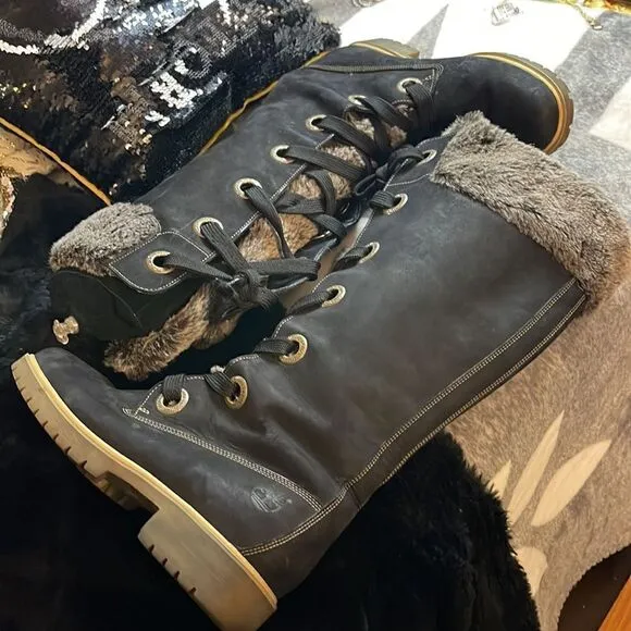 Timberland Mirney black grey fur leather suede lace up knee high boots tims 8.5