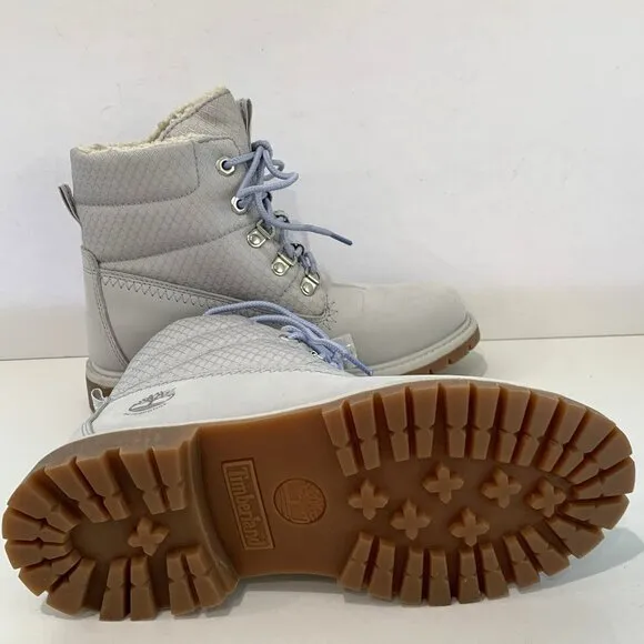 Timberland Premium Puffer Boots Leather Hiker Booties Light Grey Size 10 NEW