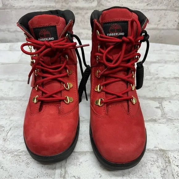 TIMBERLAND red Nubuck Field Boots boy’s 6.5 gold tone limited edition NWOT