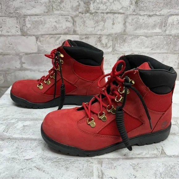 TIMBERLAND red Nubuck Field Boots boy’s 6.5 gold tone limited edition NWOT